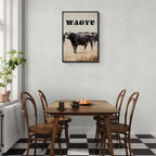 Proud Wagyu - Poster displayed in a modern dining area with wooden furniture and checkerboard floor.