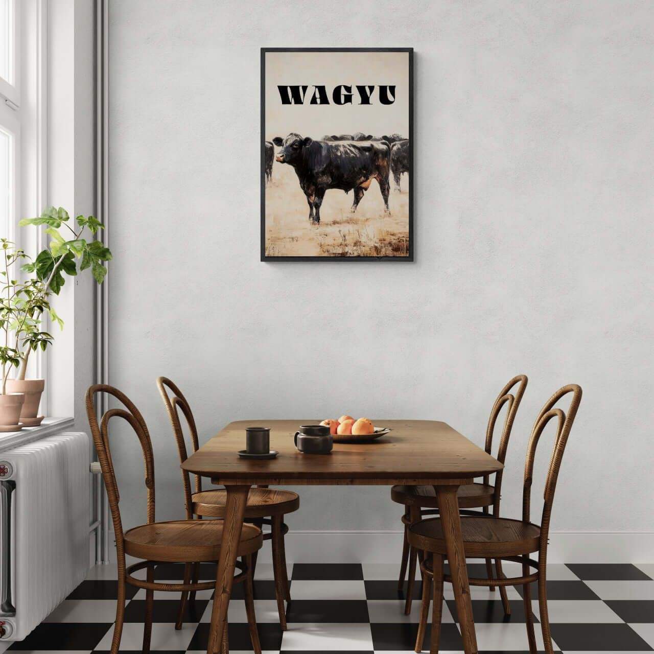 Proud Wagyu - Poster displayed in a modern dining area with wooden furniture and checkerboard floor.