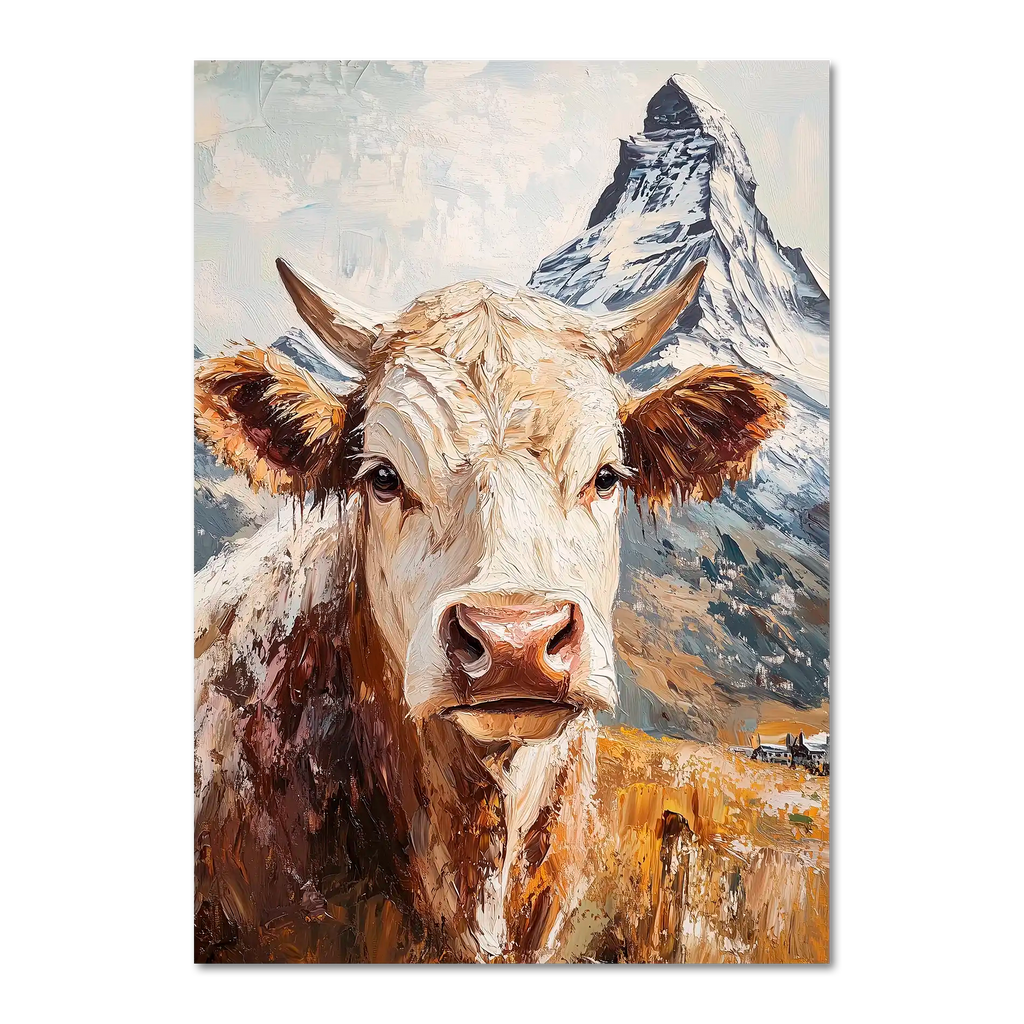Queen of Zermatt_Poster_black_frame - Poster featuring a proud alpine cow with the Matterhorn in the background.