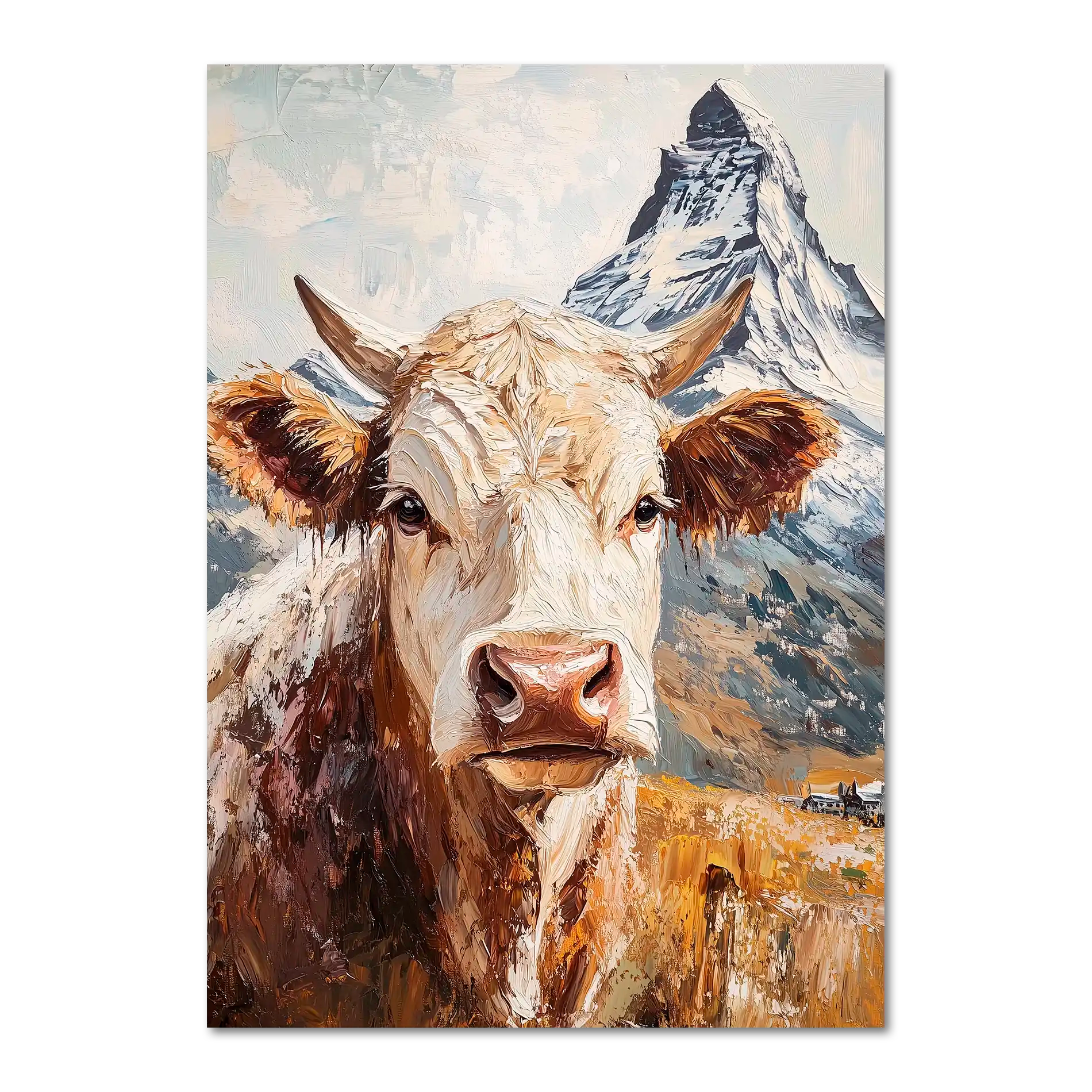 Queen of Zermatt_Poster_black_frame - Poster featuring a proud alpine cow with the Matterhorn in the background.
