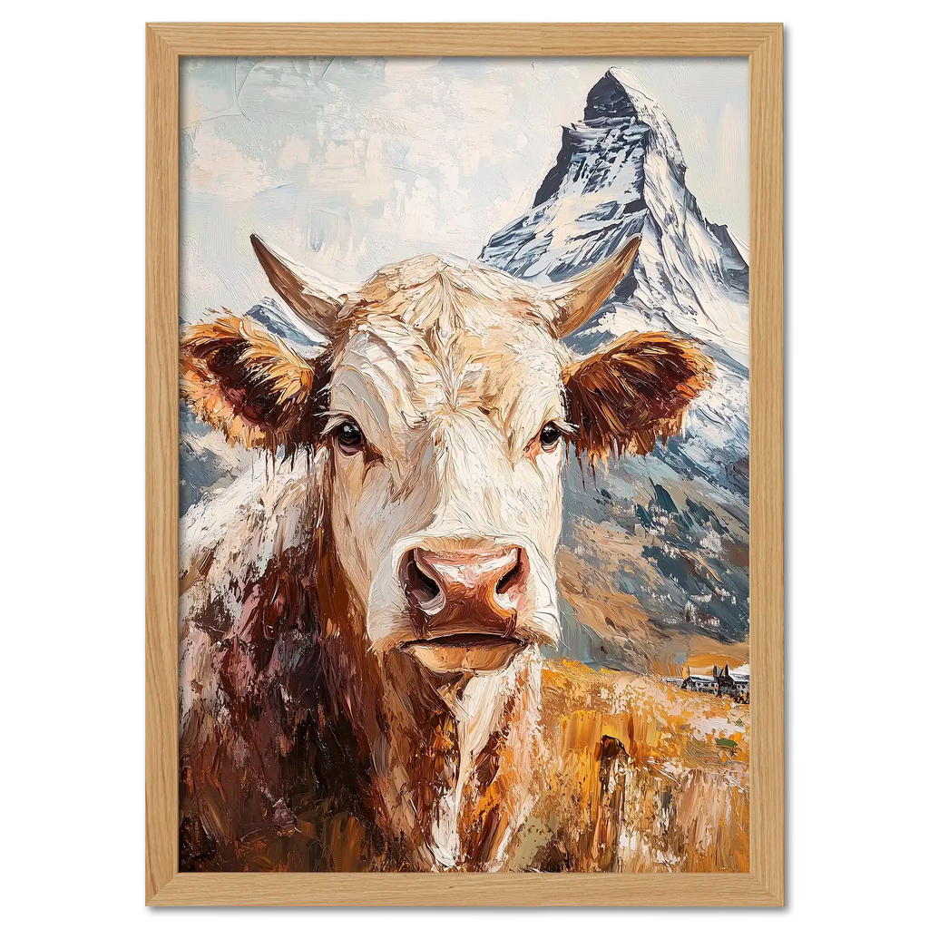 Queen of Zermatt_Poster_black_frame - Poster featuring an alpine cow with the Matterhorn in the background.