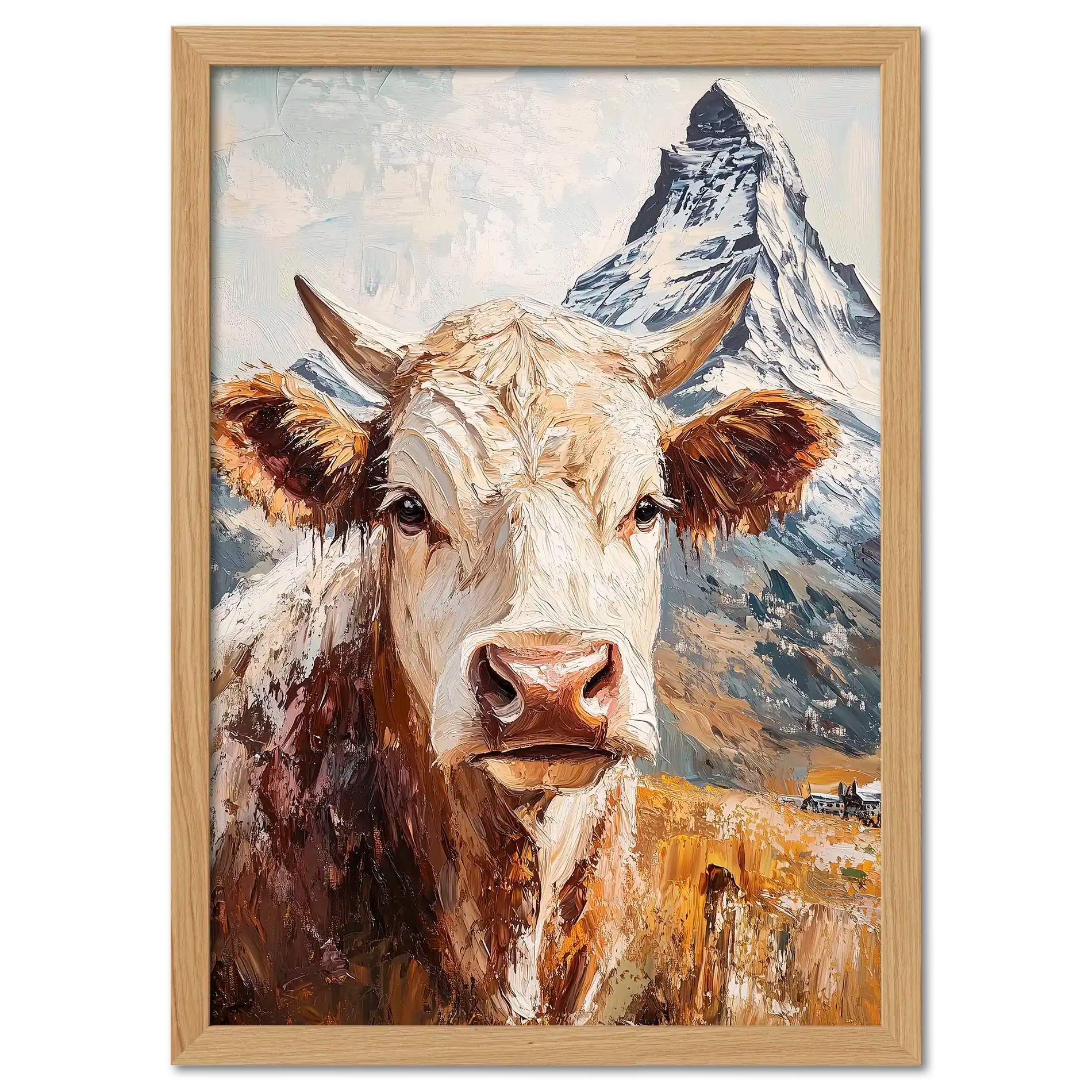 Queen of Zermatt_Poster_black_frame - Poster featuring an alpine cow with the Matterhorn in the background.