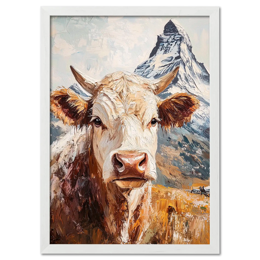 Queen of Zermatt_Poster_black_frame - Poster featuring an alpine cow before the Matterhorn with painterly details.