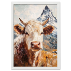 Queen of Zermatt_Poster_black_frame - Poster featuring an alpine cow before the Matterhorn with painterly details.
