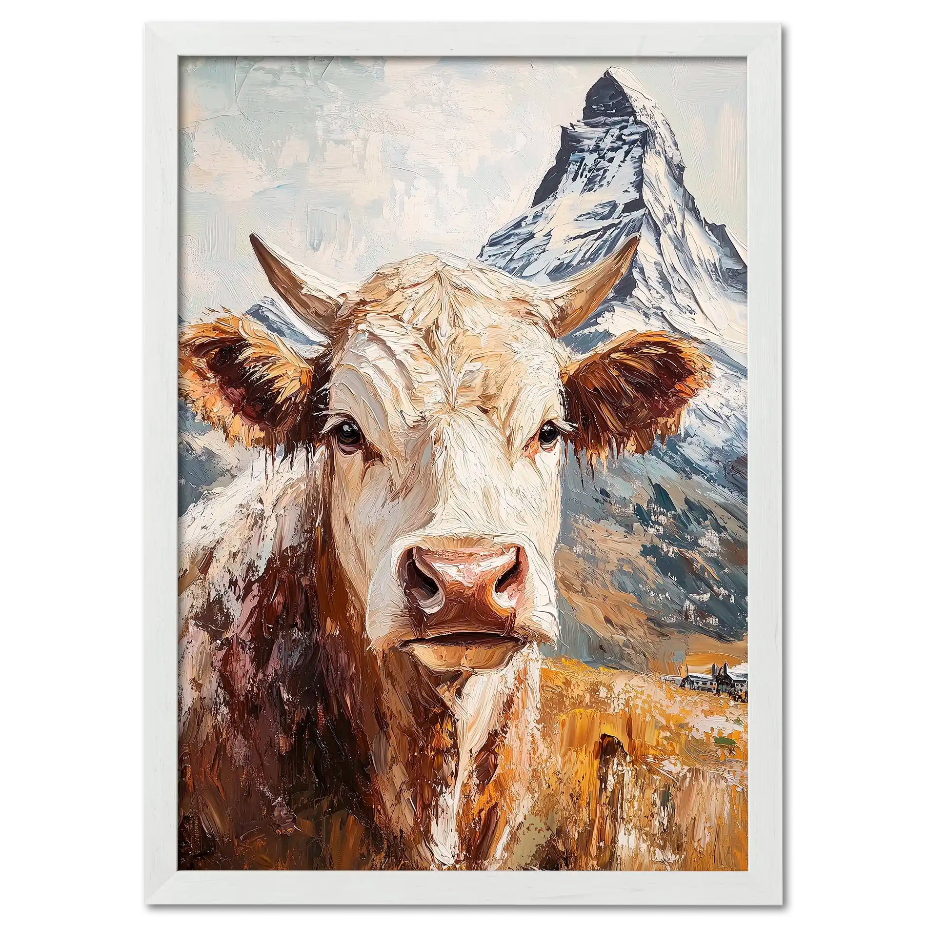 Queen of Zermatt_Poster_black_frame - Poster featuring an alpine cow before the Matterhorn with painterly details.