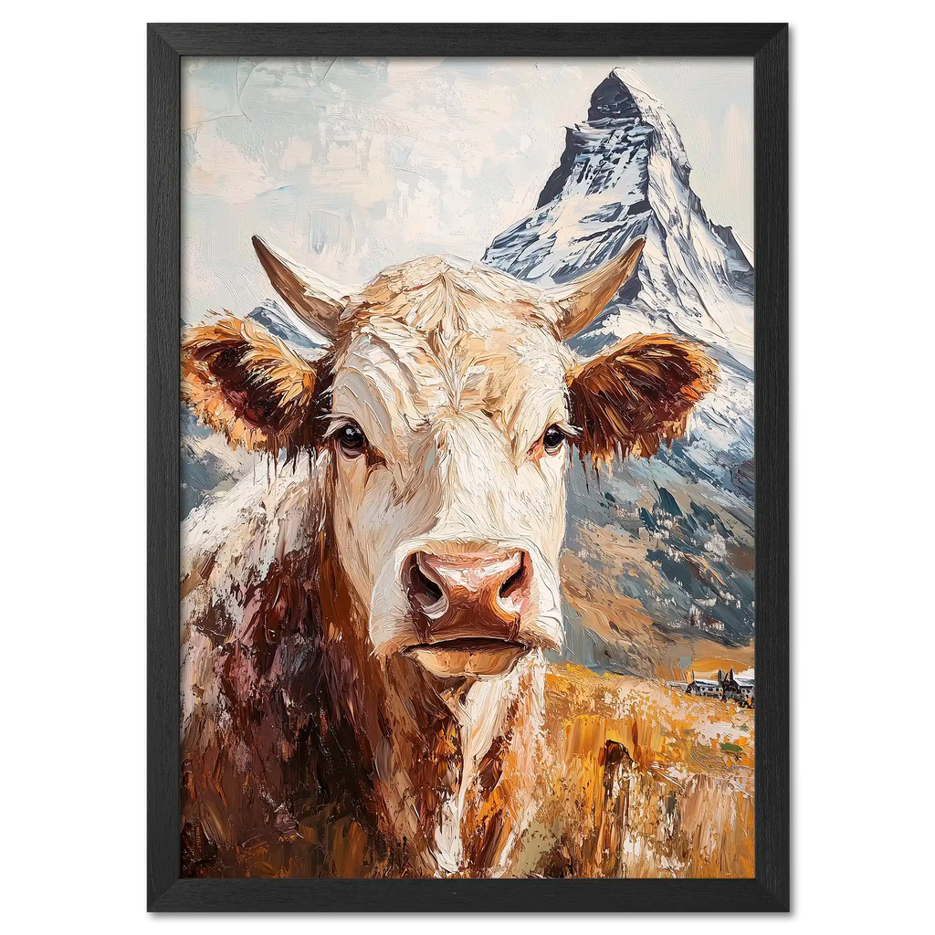 Queen of Zermatt_Poster_black_frame - Poster featuring an alpine cow with the Matterhorn in the background.