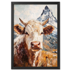 Queen of Zermatt_Poster_black_frame - Poster featuring an alpine cow with the Matterhorn in the background.