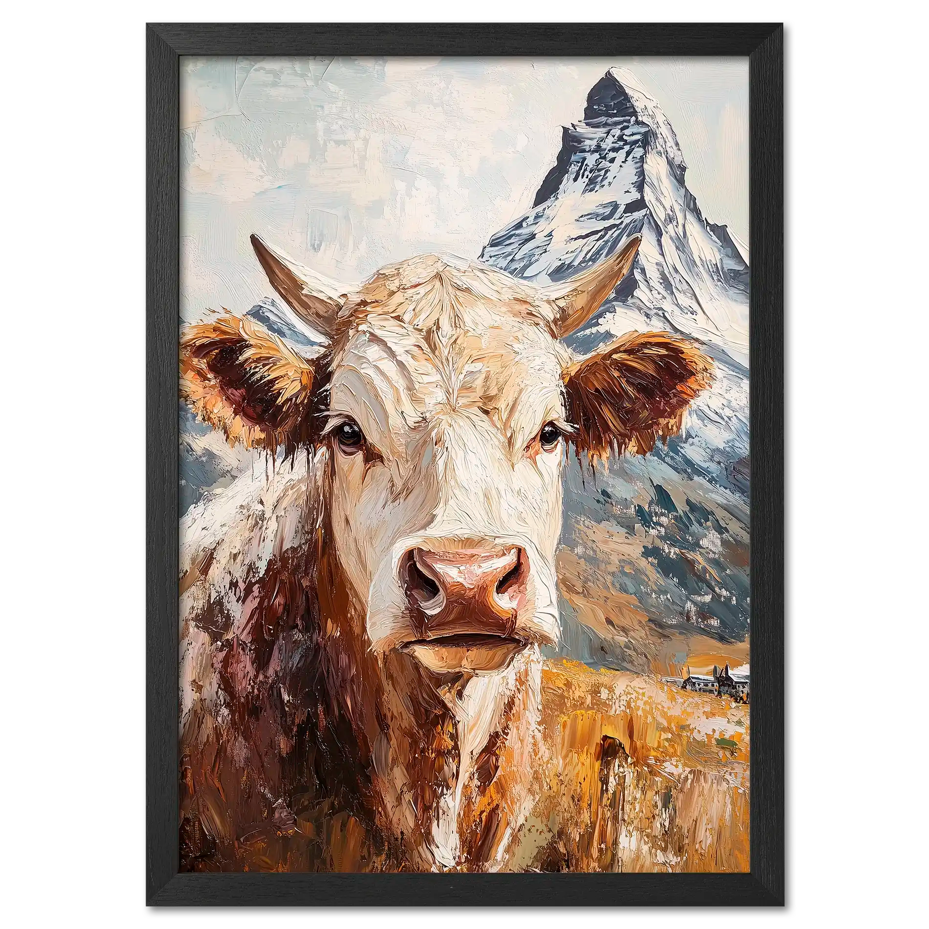 Queen of Zermatt_Poster_black_frame - Poster featuring an alpine cow with the Matterhorn in the background.