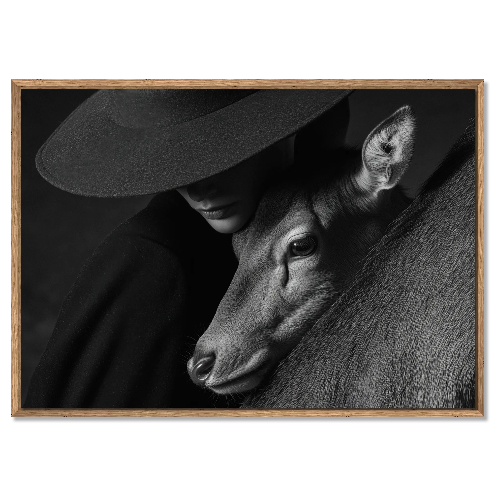 Quiet Bond of an Alpine Deer – Alu-Dibond wall art featuring a human figure and an alpine deer in a tender moment.