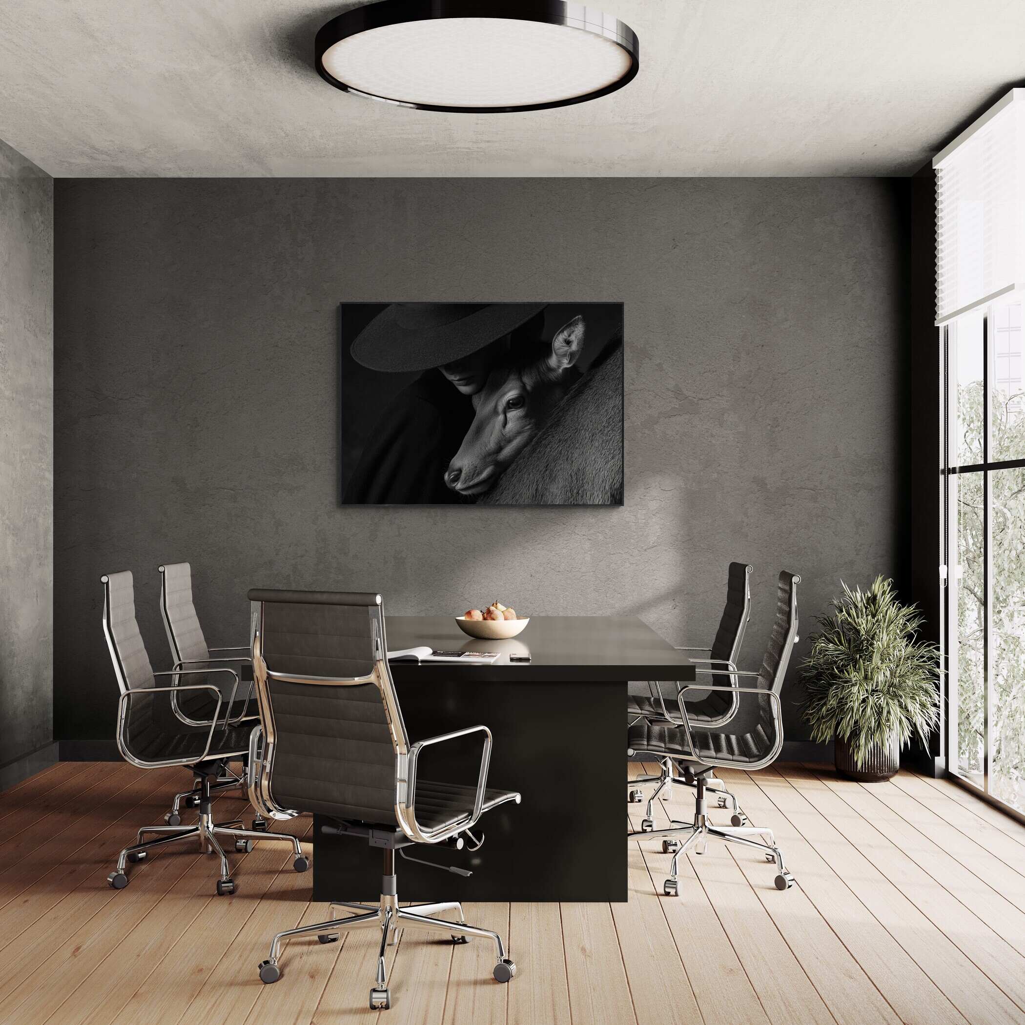 Quiet Bond of an Alpine Deer – Alu-Dibond wall art displayed in a modern conference room with minimalist decor.