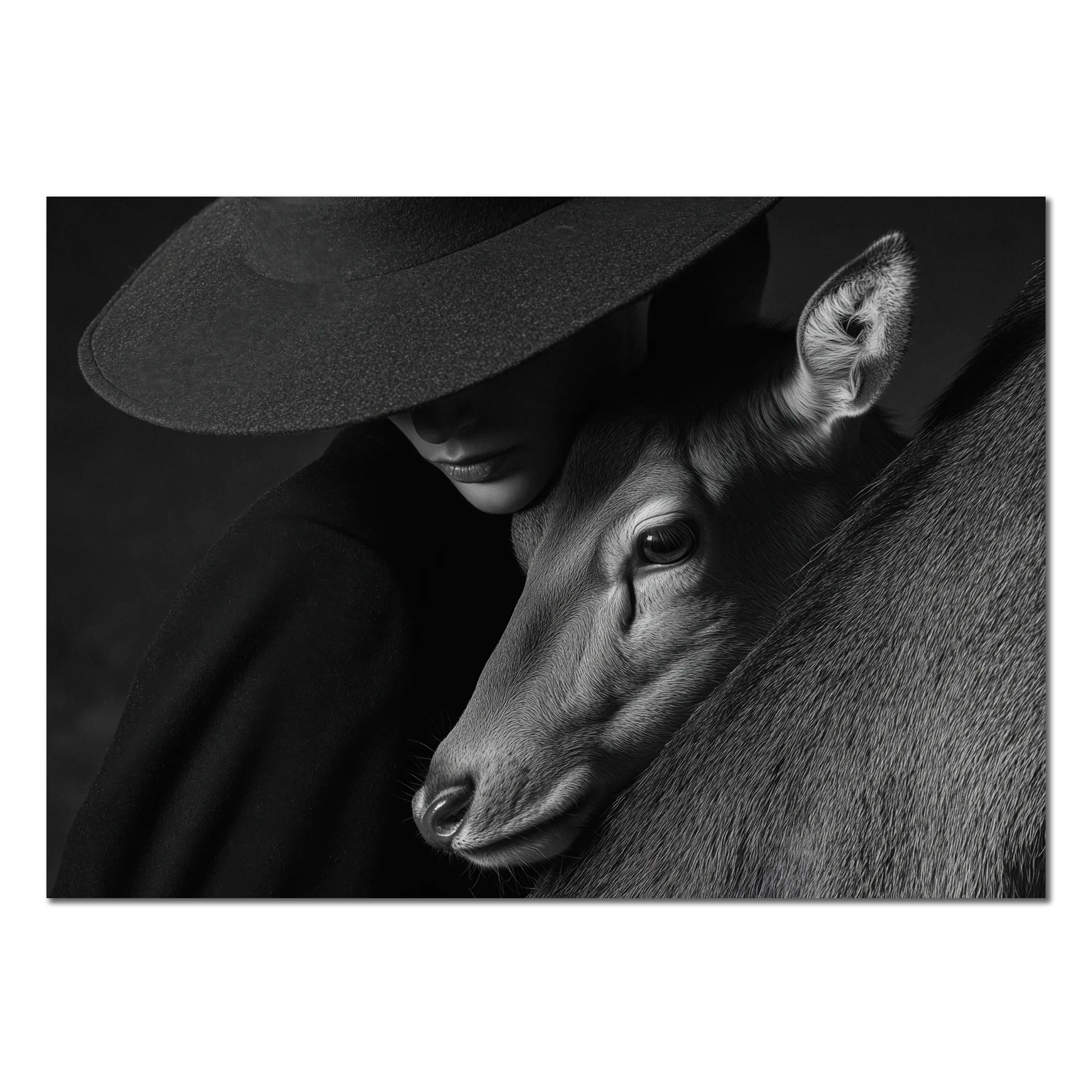 Quiet Bond of an Alpine Deer – Alu-Dibond wall art featuring a human figure embracing an alpine deer.