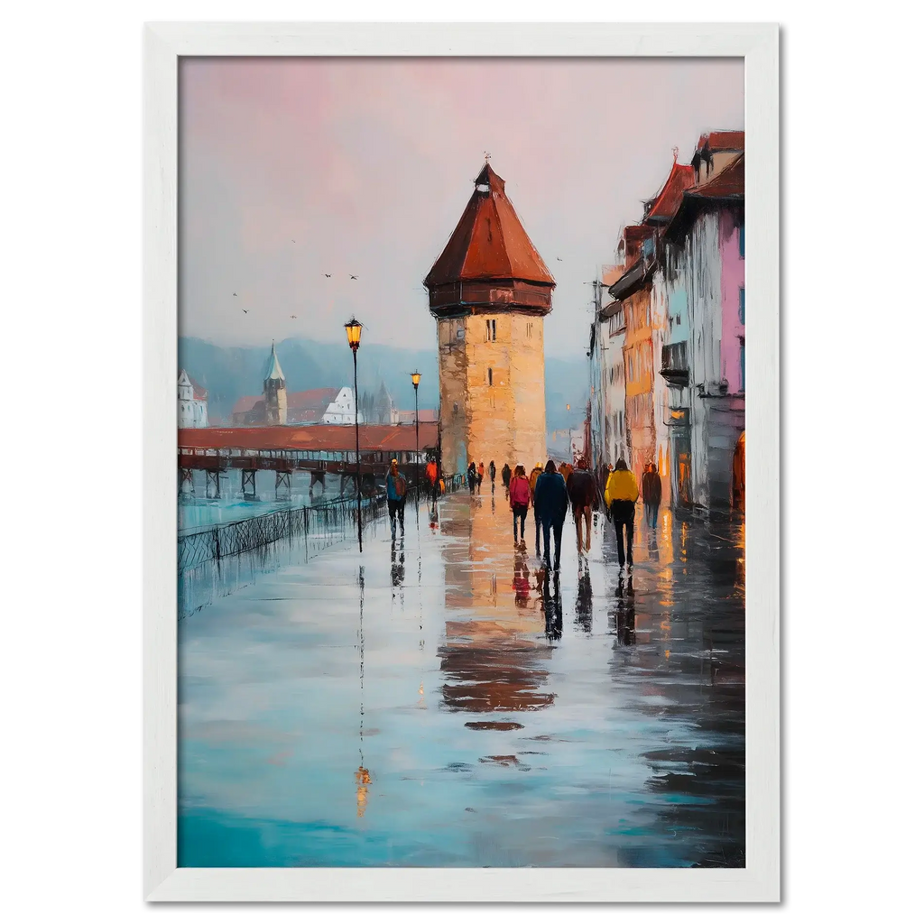 Rainwalk in Lucerne - Poster featuring a rainy street scene with a historic tower and people walking.