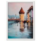 Rainwalk in Lucerne - Poster featuring a rainy street scene with a historic tower and people walking.