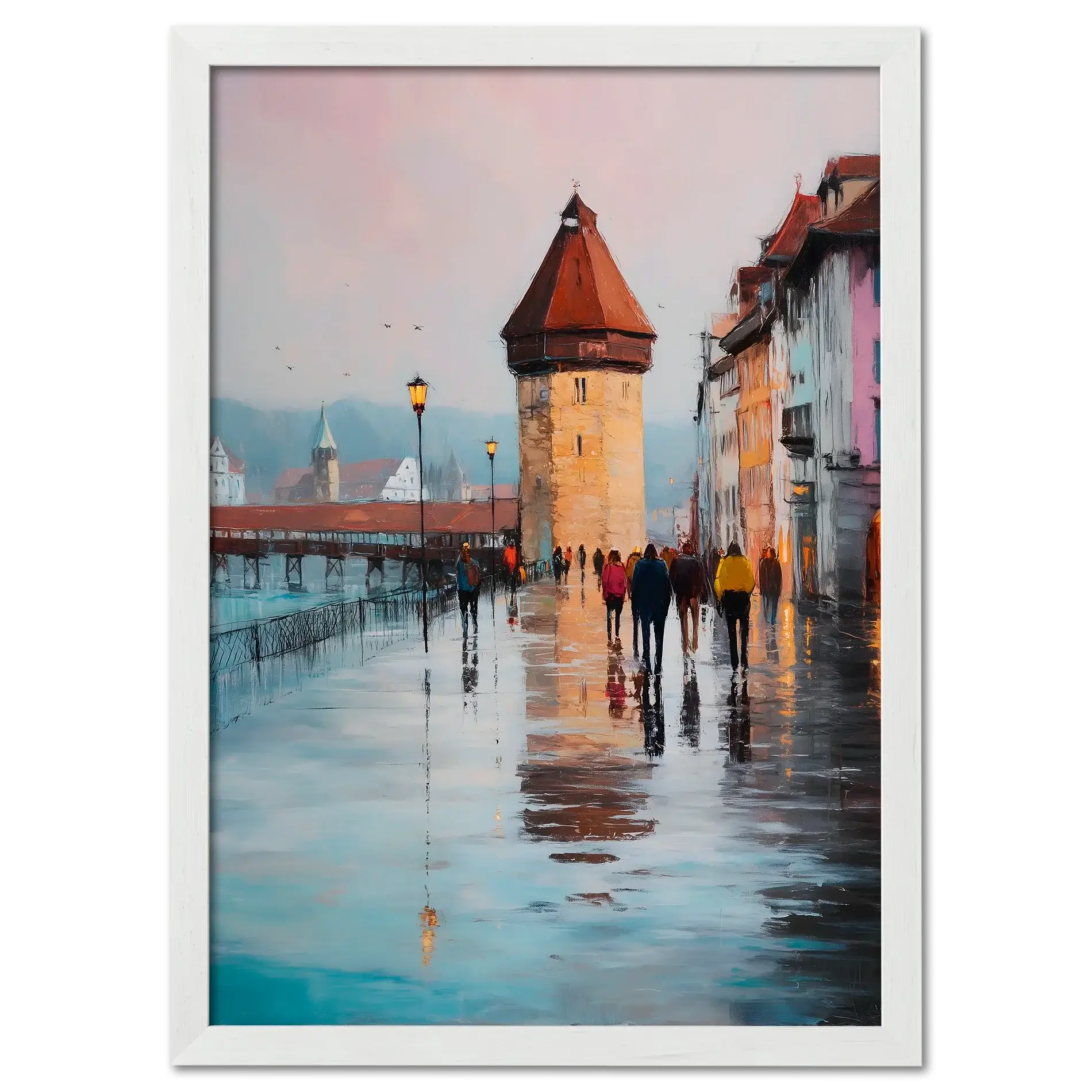 Rainwalk in Lucerne - Poster featuring a rainy street scene with a historic tower and people walking.