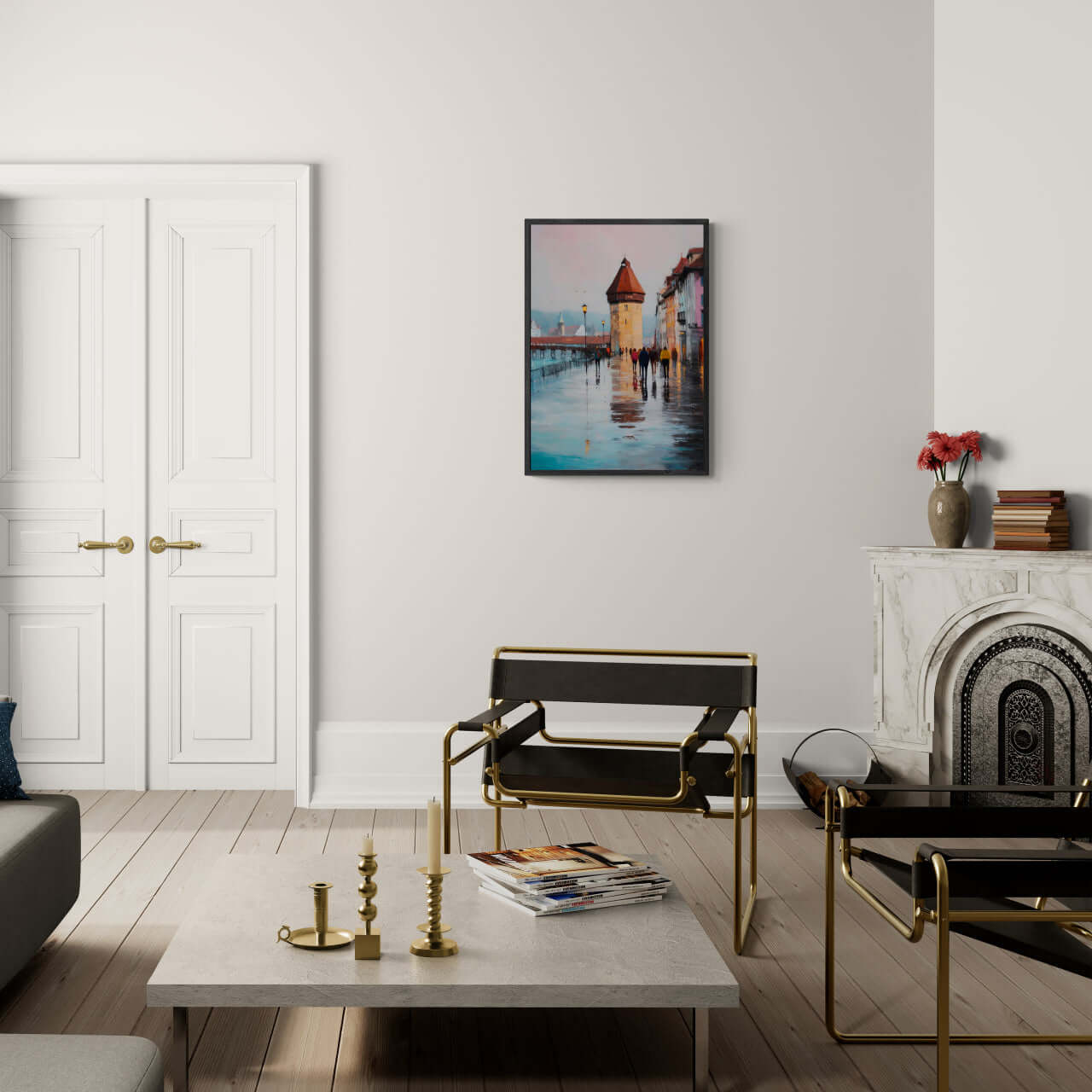 Rainwalk in Lucerne - Poster displayed in a modern living room with elegant furniture and soft lighting.