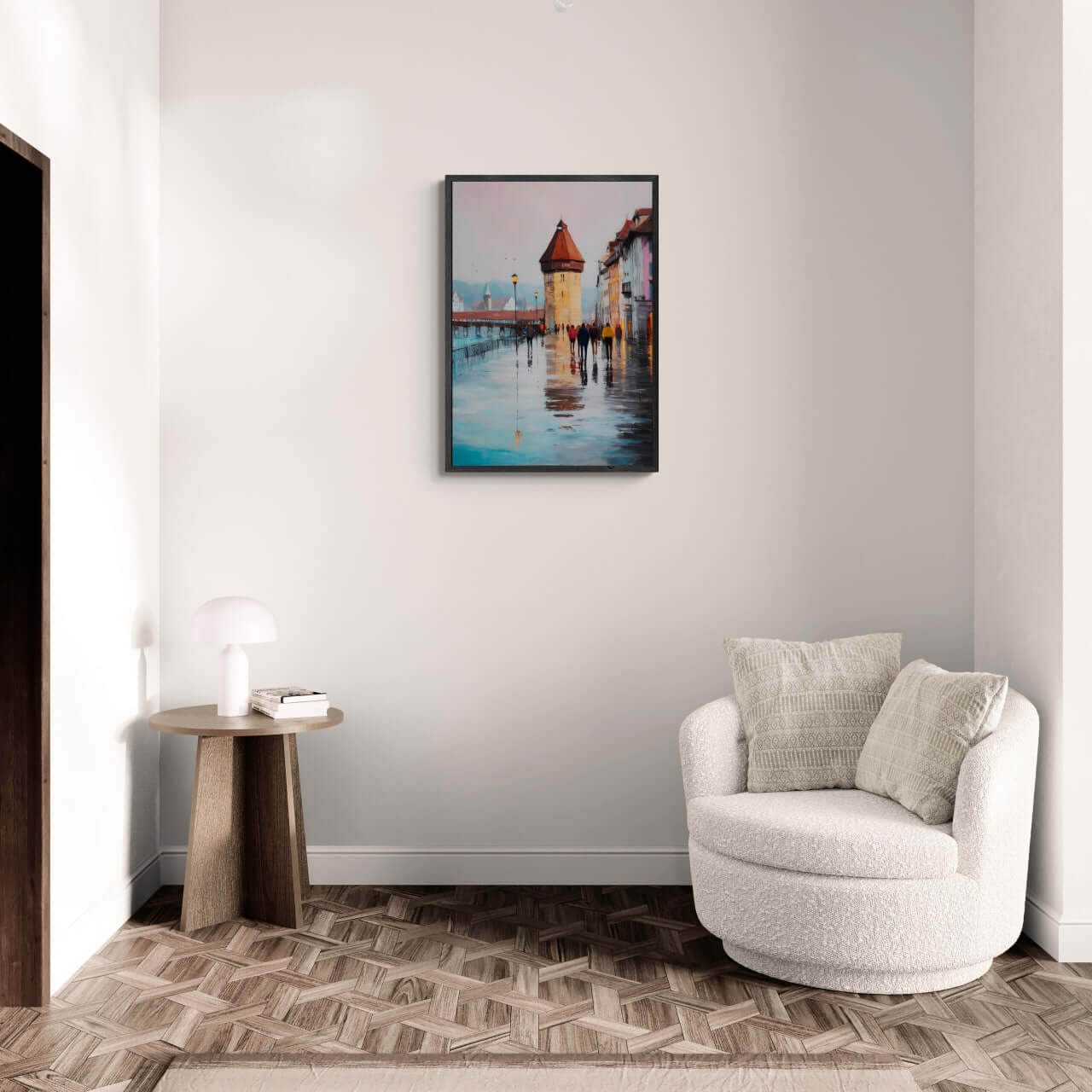 Rainwalk in Lucerne - Poster displayed in modern living room decor with cozy chair and warm lighting.
