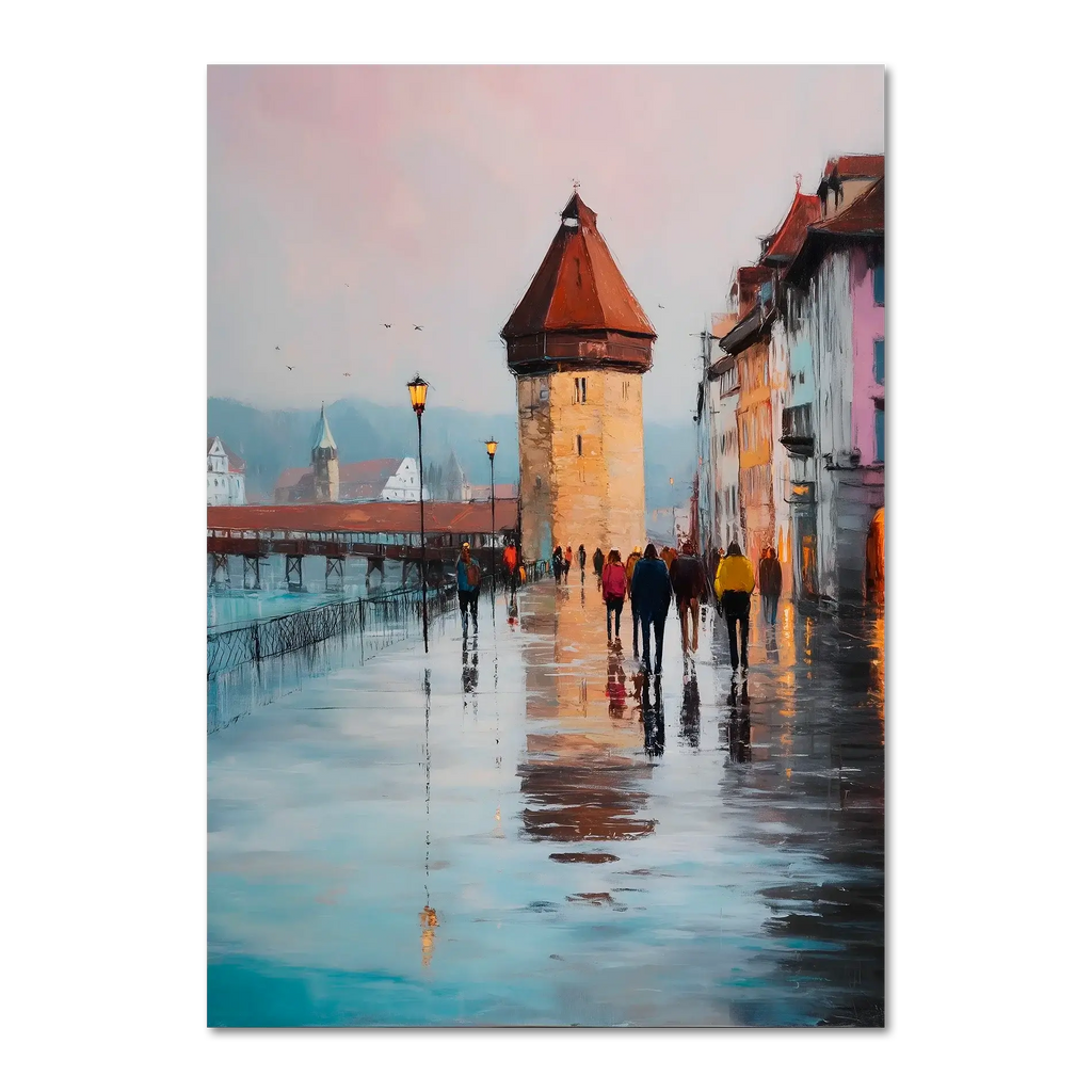 Rainwalk in Lucerne - Poster featuring a rainy street scene with old tower and reflections.