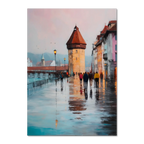 Rainwalk in Lucerne - Poster featuring a rainy street scene with old tower and reflections.