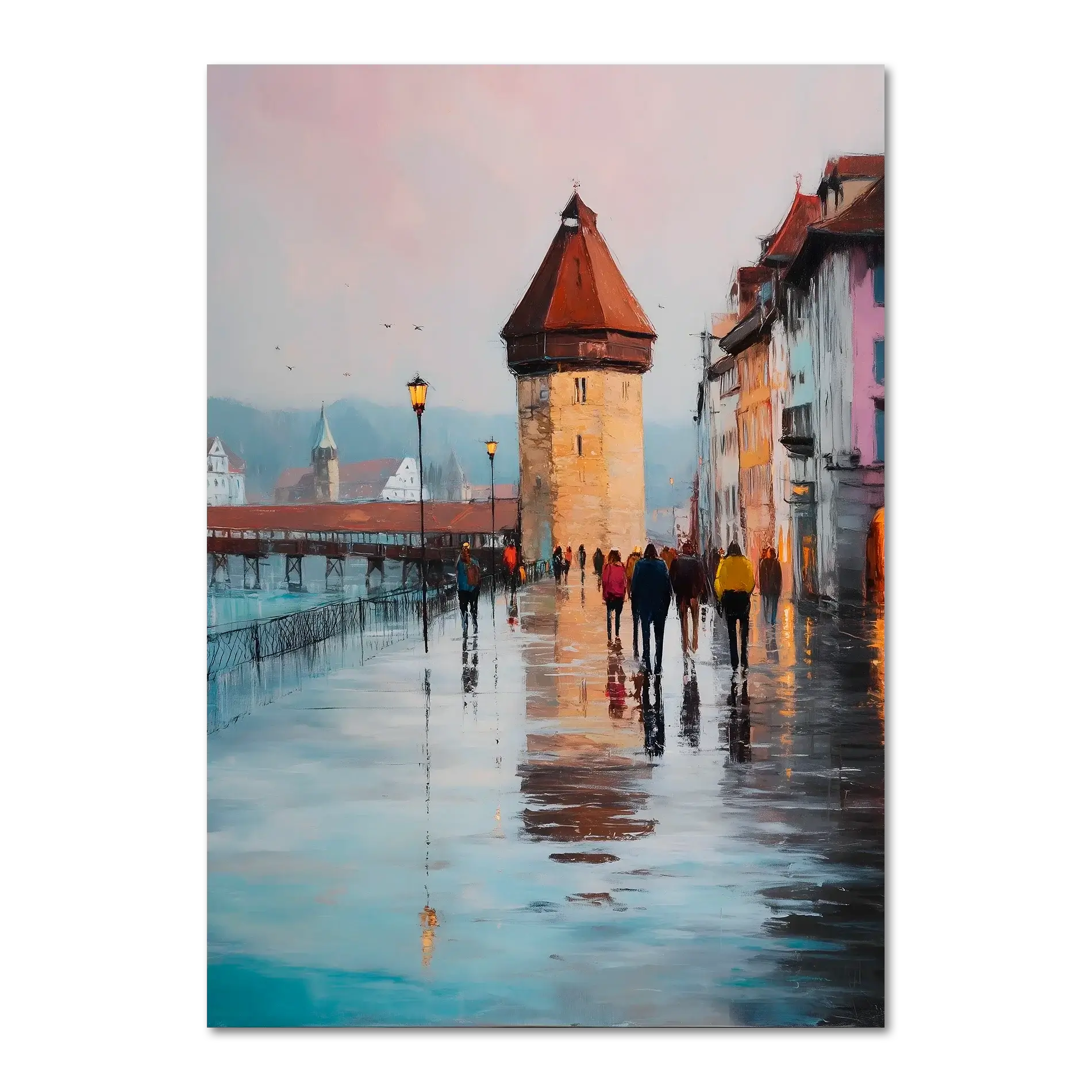 Rainwalk in Lucerne - Poster featuring a rainy street scene with old tower and reflections.