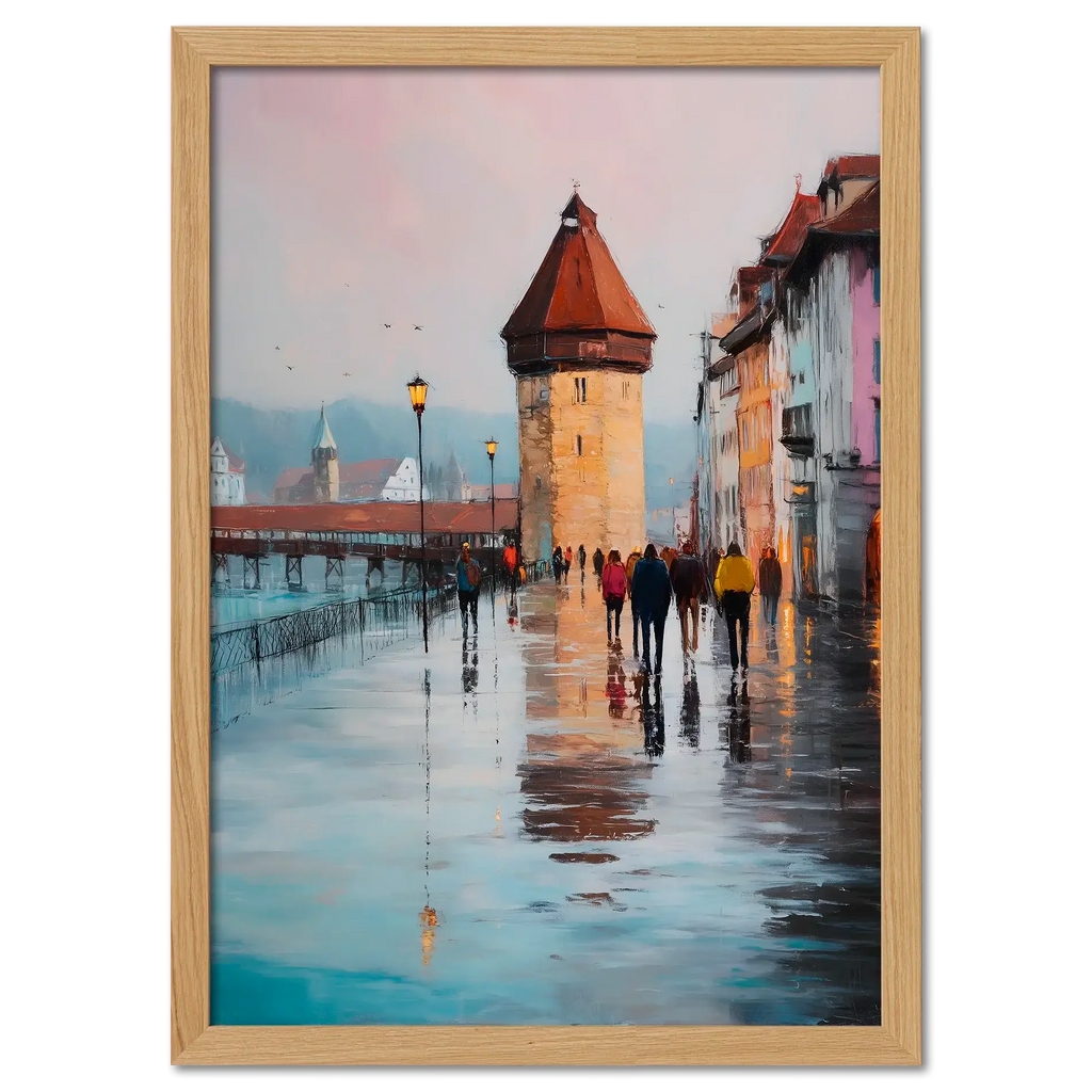 Rainwalk in Lucerne - Poster featuring a rainy street scene with historic tower and reflections.