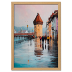 Rainwalk in Lucerne - Poster featuring a rainy street scene with historic tower and reflections.