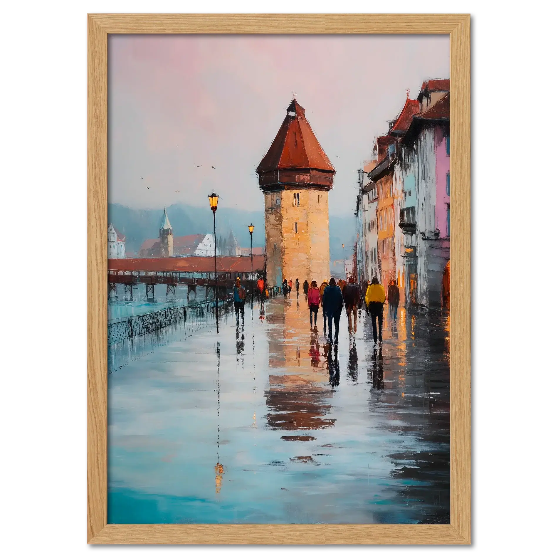 Rainwalk in Lucerne - Poster featuring a rainy street scene with historic tower and reflections.