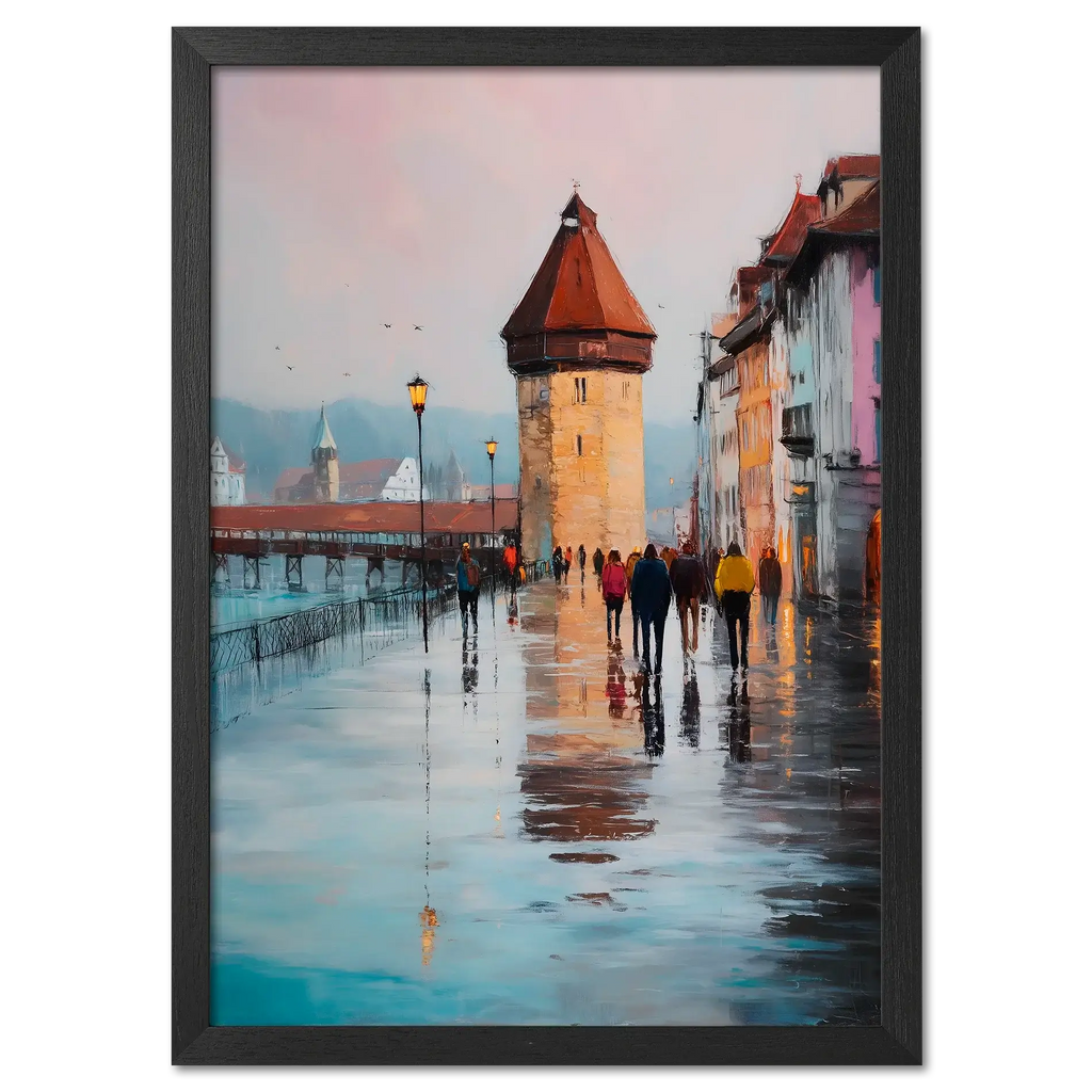 Rainwalk in Lucerne - Poster showcasing a rainy street with an old tower and people strolling by.