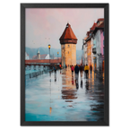 Rainwalk in Lucerne - Poster showcasing a rainy street with an old tower and people strolling by.