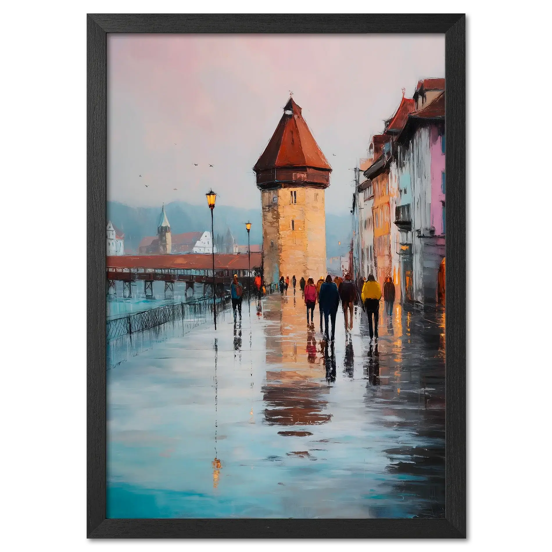 Rainwalk in Lucerne - Poster showcasing a rainy street with an old tower and people strolling by.
