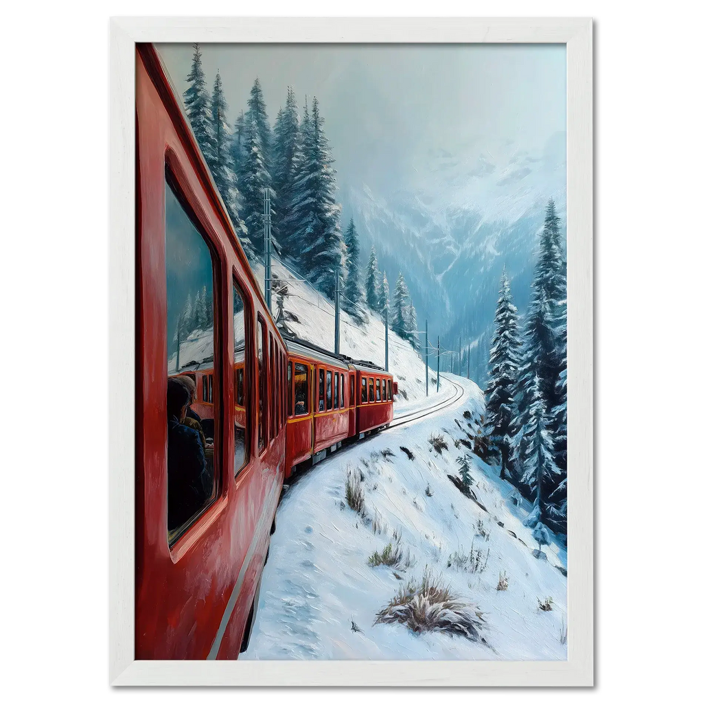 Red Train, White Curve - Poster featuring a red train in a snowy alpine landscape with tall pine trees.