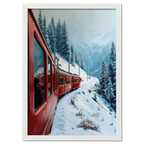 Red Train, White Curve - Poster featuring a red train in a snowy alpine landscape with tall pine trees.