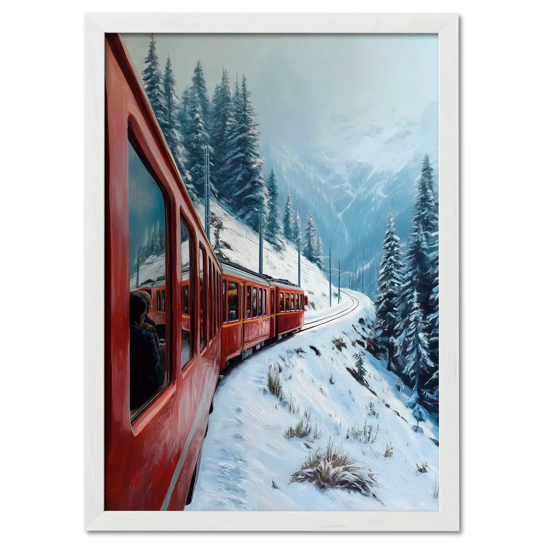 Red Train, White Curve - Poster featuring a red train in a snowy alpine landscape with tall pine trees.