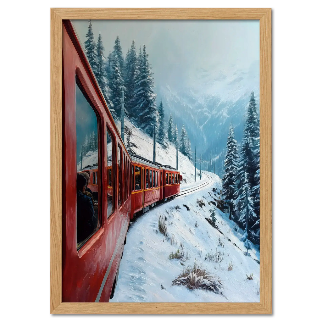 Red Train, White Curve - Poster featuring a red train in a snowy alpine setting with pine trees.