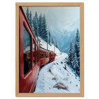 Red Train, White Curve - Poster featuring a red train in a snowy alpine setting with pine trees.