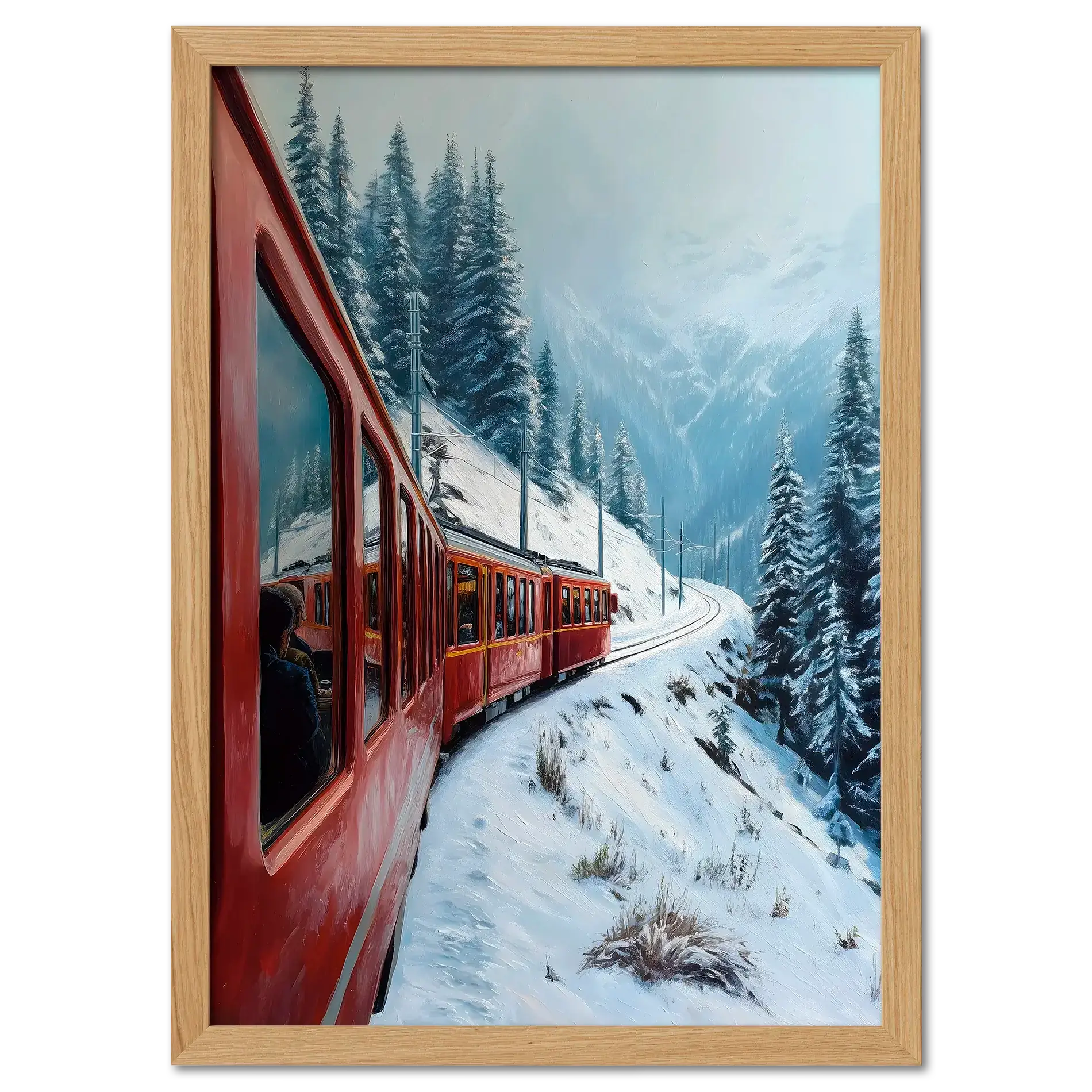 Red Train, White Curve - Poster featuring a red train in a snowy alpine setting with pine trees.