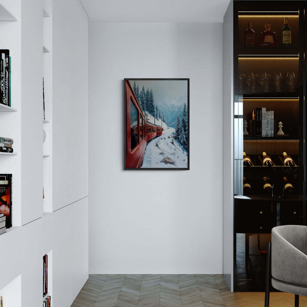 Red Train, White Curve - Poster displayed in modern interior, showcasing scenic train in snowy alpine landscape.