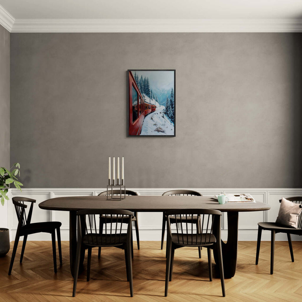Red Train, White Curve - Poster displayed in a modern dining room with a wooden table and black chairs.