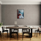 Red Train, White Curve - Poster displayed in a modern dining room with a wooden table and black chairs.