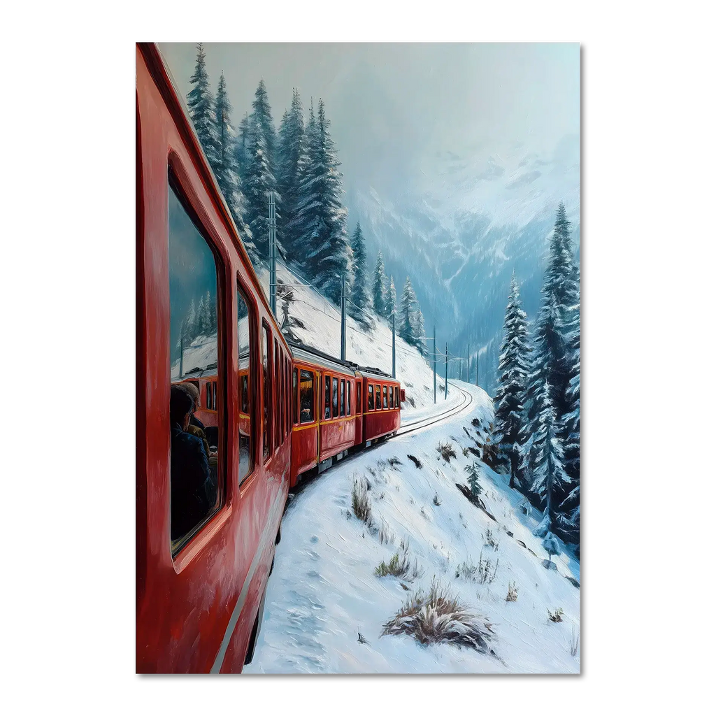 Red Train, White Curve - Poster featuring a red mountain train in a snow-covered alpine landscape.
