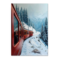 Red Train, White Curve - Poster featuring a red mountain train in a snow-covered alpine landscape.