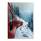 Red Train, White Curve - Poster featuring a red mountain train in a snow-covered alpine landscape.