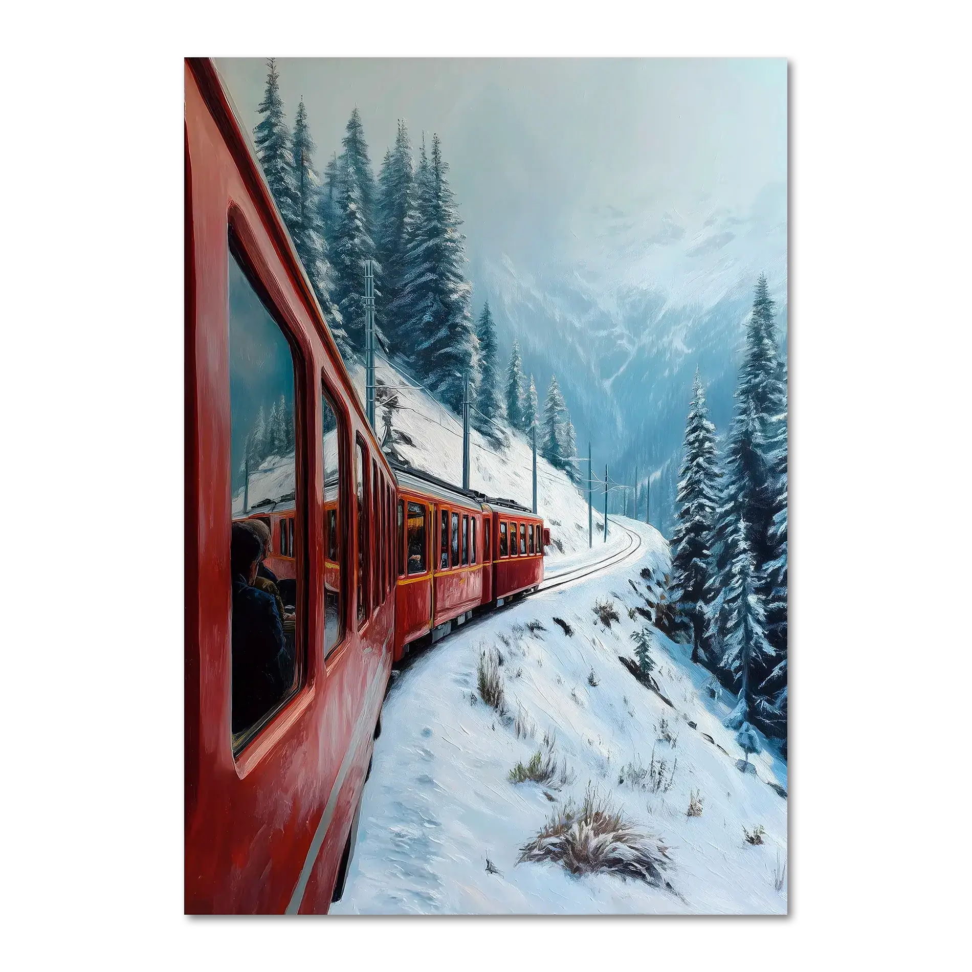 Red Train, White Curve - Poster featuring a red mountain train in a snow-covered alpine landscape.