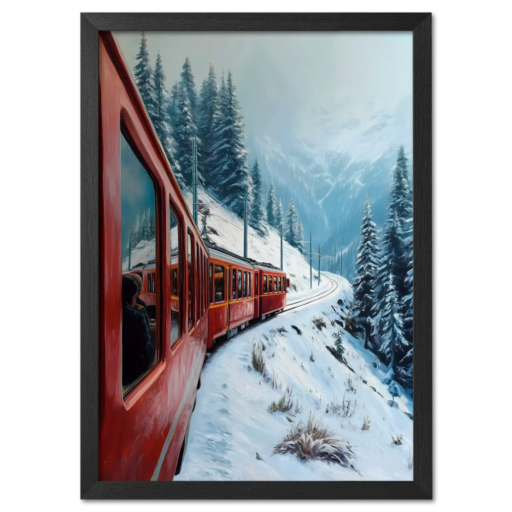Red Train, White Curve - Poster featuring a red train winding through a snowy alpine landscape.