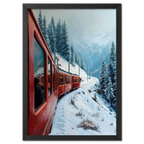 Red Train, White Curve - Poster featuring a red train winding through a snowy alpine landscape.