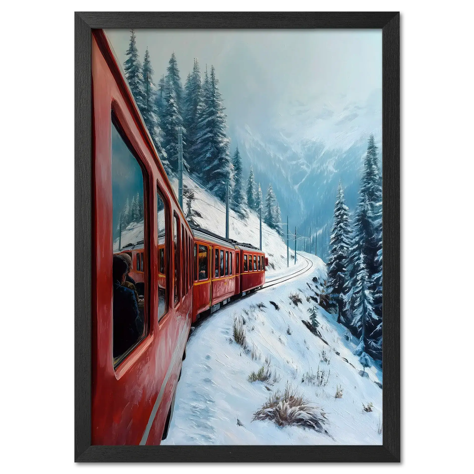 Red Train, White Curve - Poster featuring a red train winding through a snowy alpine landscape.