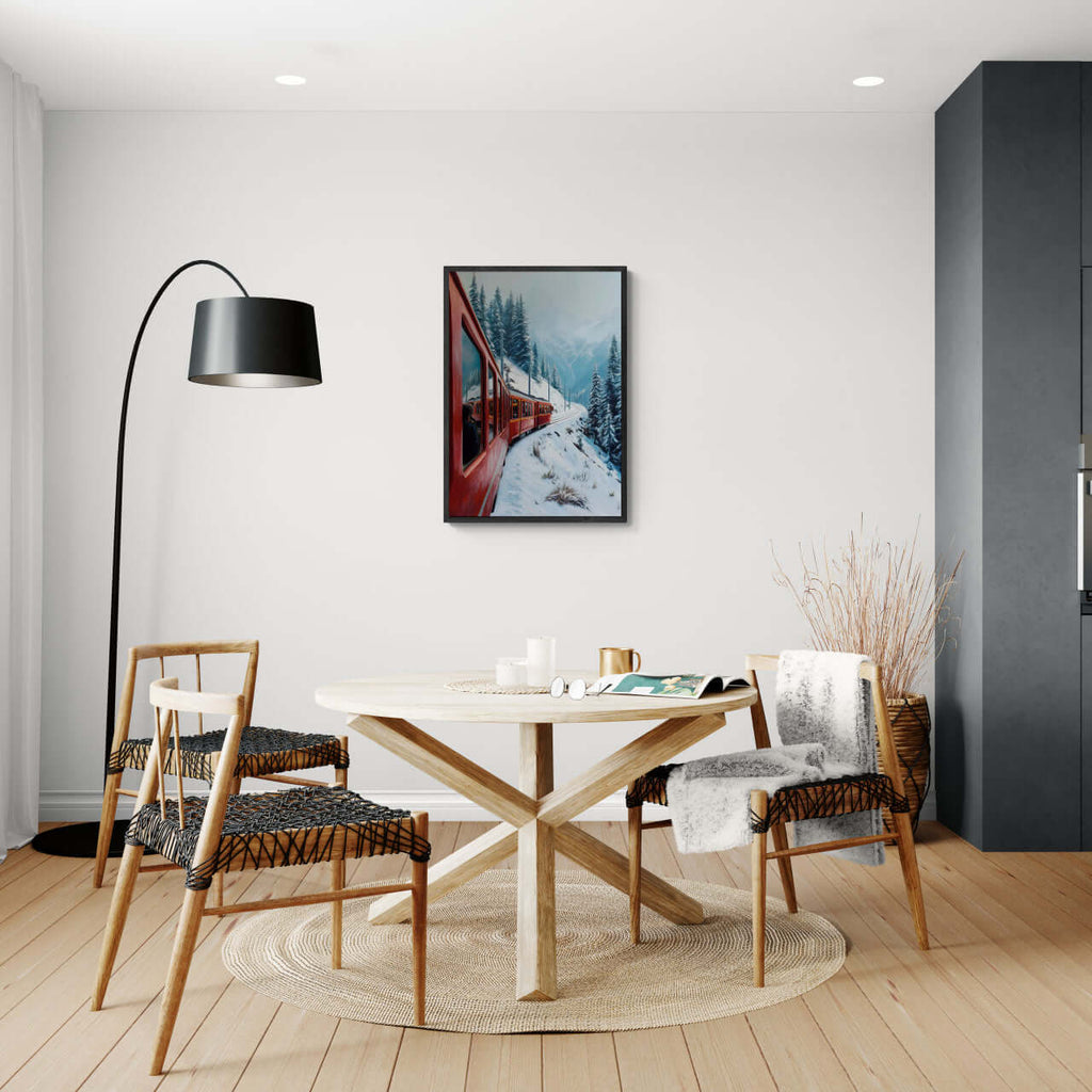 Red Train, White Curve - Poster displayed in a cozy dining area, enhancing the decor with stunning wall art.