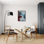 Red Train, White Curve - Poster displayed in a cozy dining area, enhancing the decor with stunning wall art.