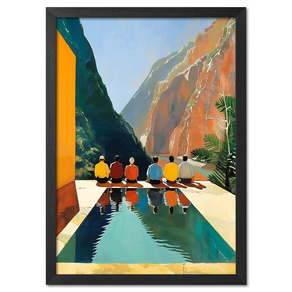 Reflection of Silence - Poster featuring people by a reflective pool facing a dramatic canyon landscape.