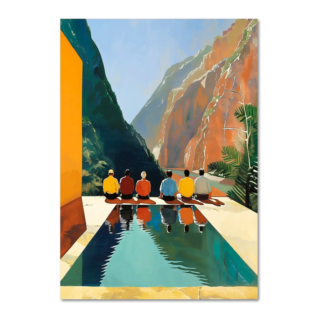 Reflection of Silence - Poster featuring people meditating by a reflective pool in a serene canyon setting.