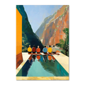 Reflection of Silence - Poster featuring people meditating by a reflective pool in a serene canyon setting.